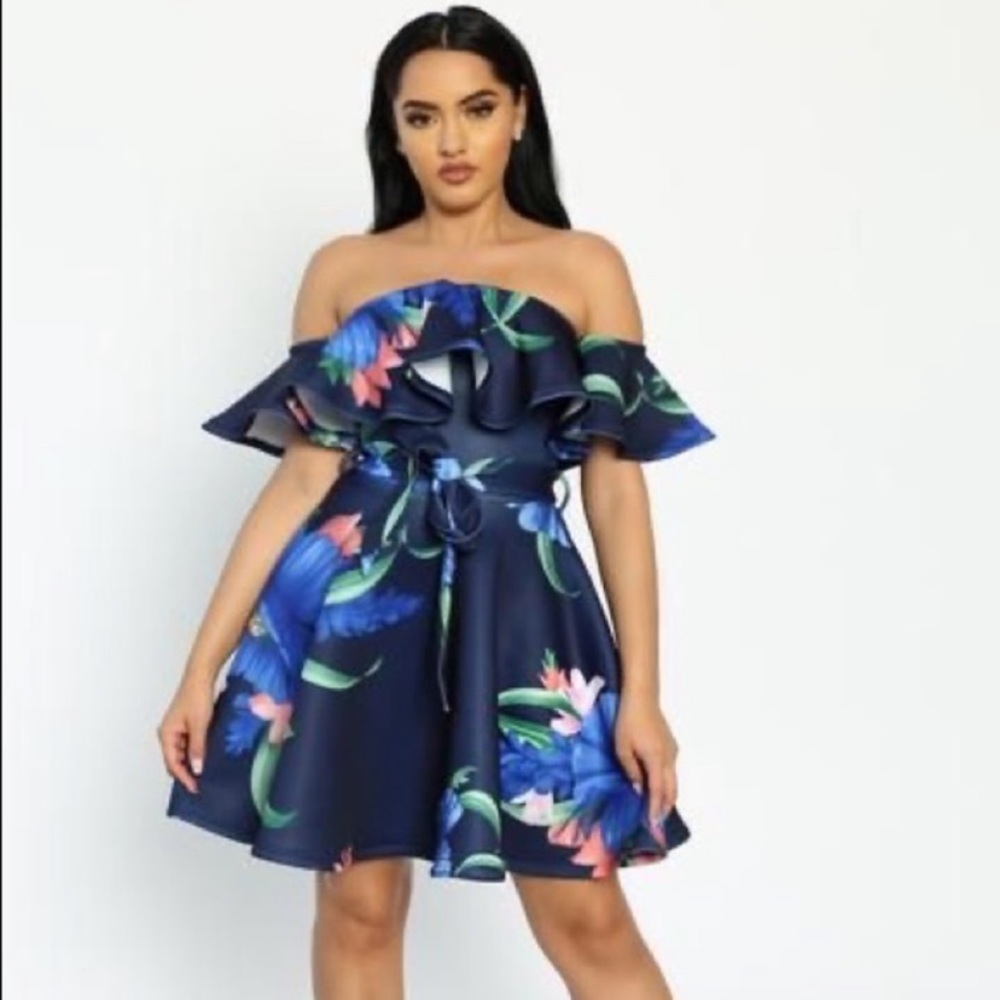 Bandeau frill off the shoulder dress floral print